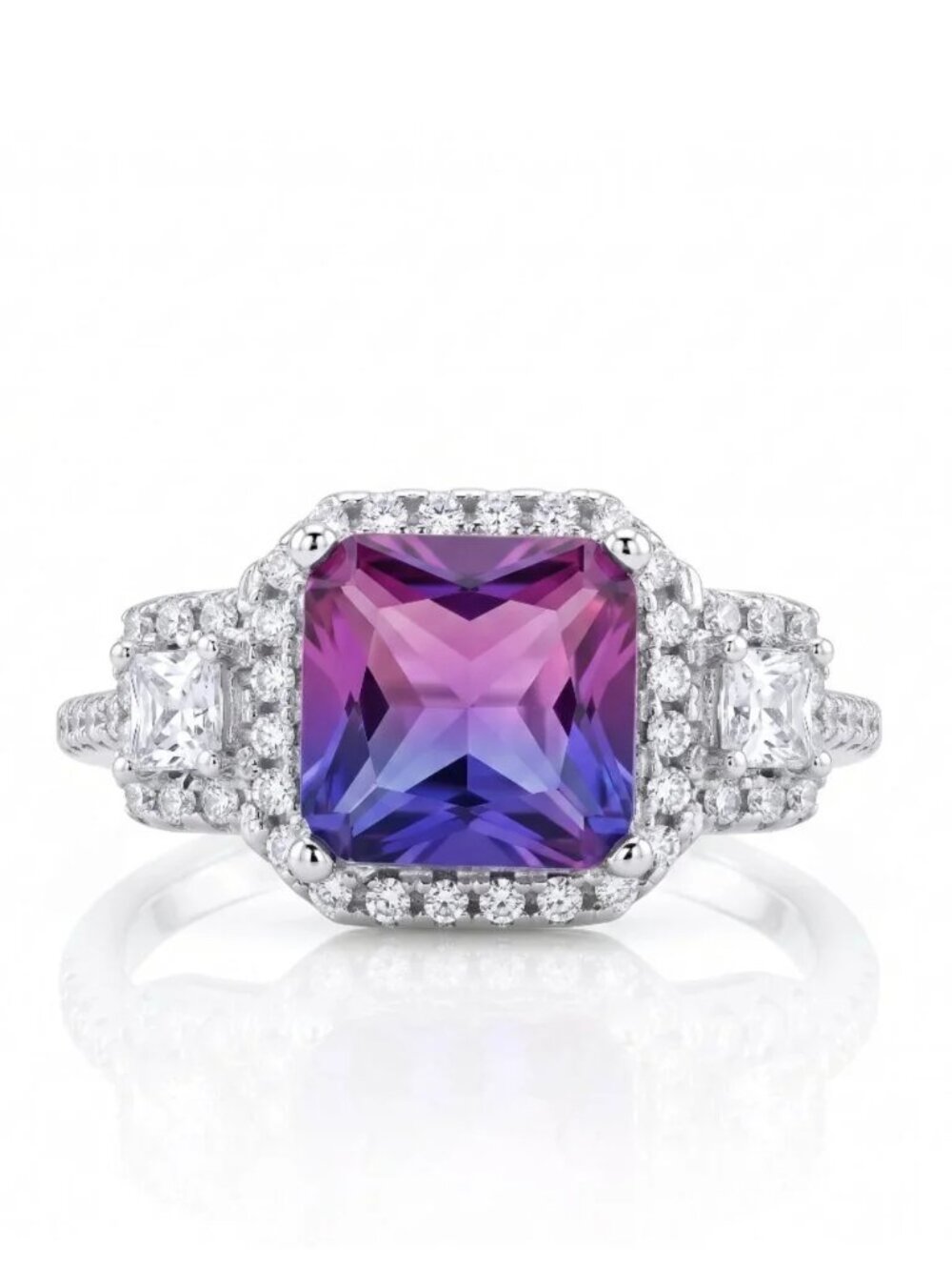 Pink & Purple Emerald Cut Gemstone Ring, 925 Sterling Silver Charmed Aroma